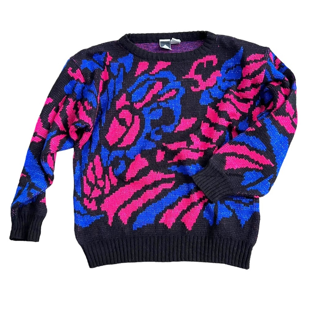 Vintage 80s Metallic Pink Purple Blue Black Abstract Geometric Acrylic Sweater